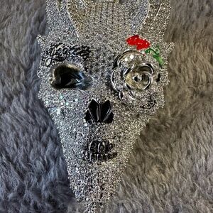 Silver Skull Pendant with Red and Green Accents with large 22” box chain